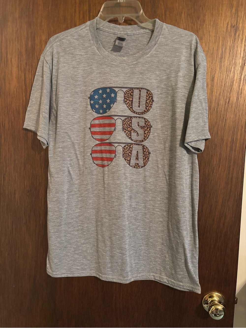 Gildan Gray Tee with Patriotic & Leopard Sunglasses Graphic
